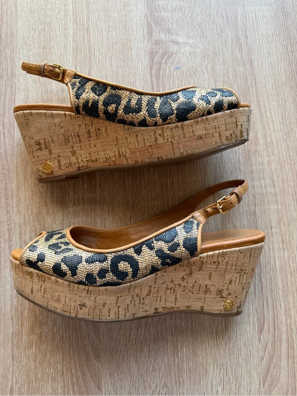 Tory Burch Tan & Black Leopard Wedge Cork Wedge Platform Sling-backs Sz 8